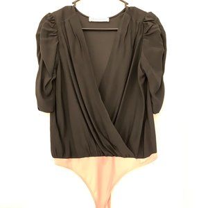 Black silk bodysuit with puff short sleeves